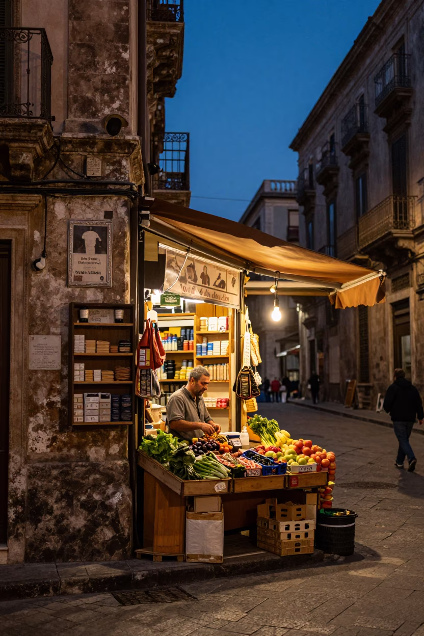 Evening Street Scene in Palermo Italy with Local Shopkeeper and Vintage Items in in Palermo, Italy