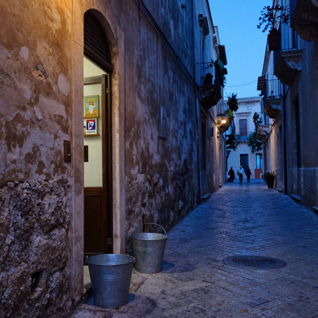 Evening Street Scene in Palermo Italy with Metal Bucket and Blue Light in in Palermo, Italy