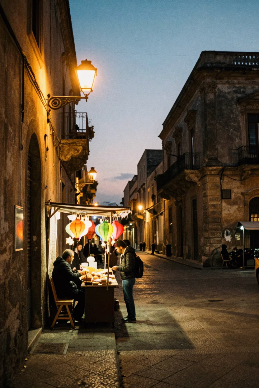 Evening Street Scene in Palermo Italy with Night Market Lanterns and Local Life in in Palermo, Italy