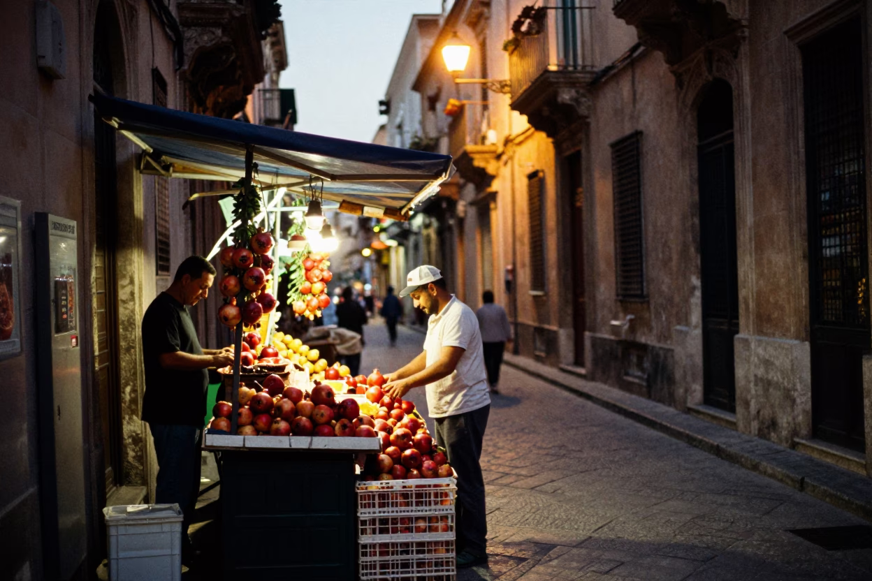 Evening Street Scene in Palermo Italy with Pomegranate and Market Stall in in Palermo, Italy