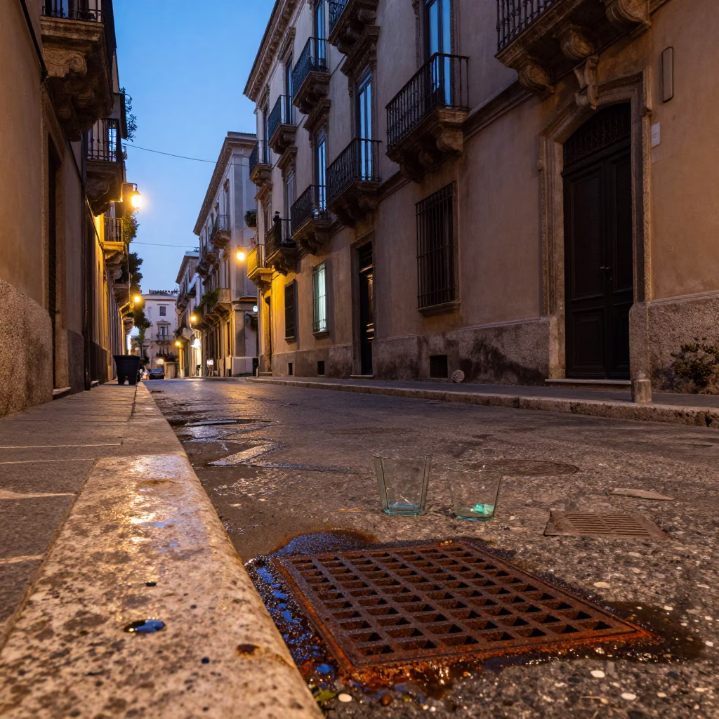 Evening Street Scene in Palermo Italy with Rusty Drain and Glass Sill in in Palermo, Italy