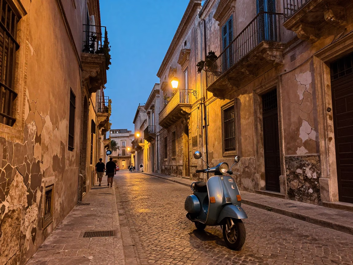 Evening Street Scene in Palermo Italy with Scooter and Cracked Stucco Walls in in Palermo, Italy