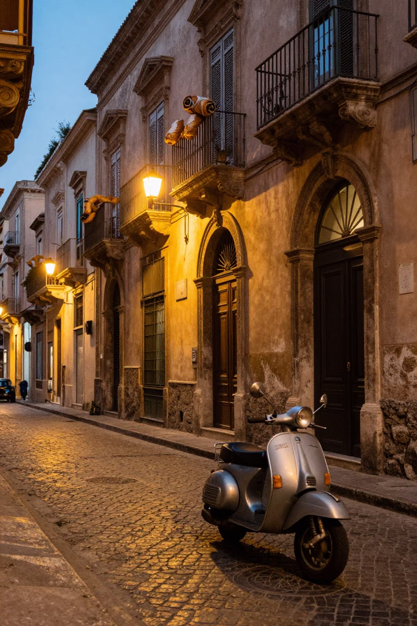 Evening Street Scene in Palermo Italy with Scooter and Traditional Cannoli Dessert in in Palermo, Italy