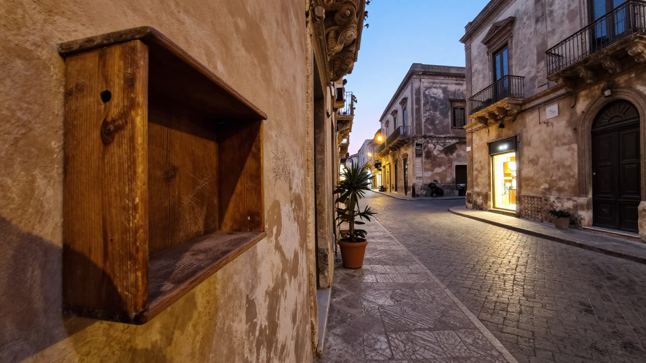 Evening street scene in Palermo Italy with scratches on shelf and kettle in in Palermo, Italy