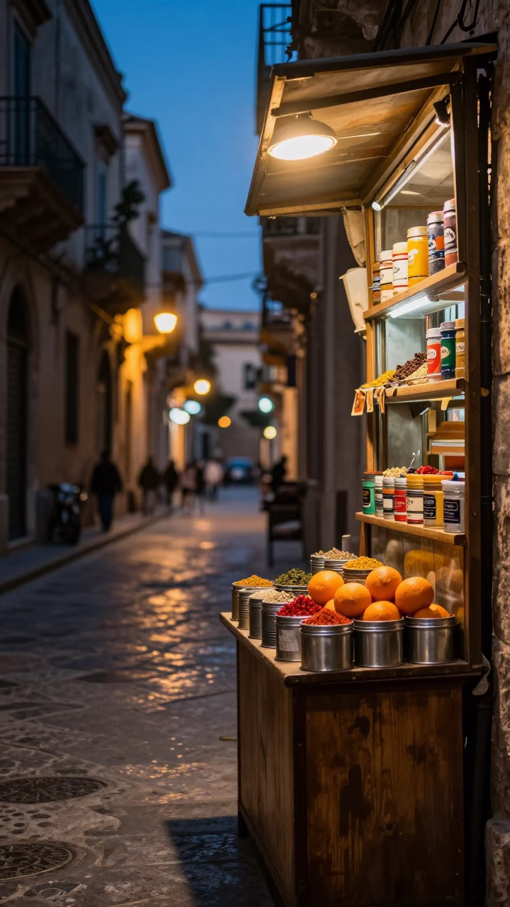 Evening Street Scene in Palermo Italy with Spice Tins and Orange Peel in in Palermo, Italy