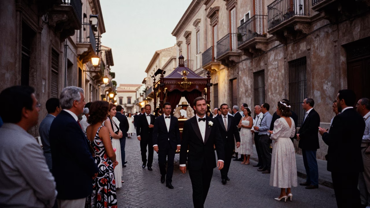 Evening Street Scene in Palermo Italy with Traditional Wedding Procession and Colorful Details in in Palermo, Italy