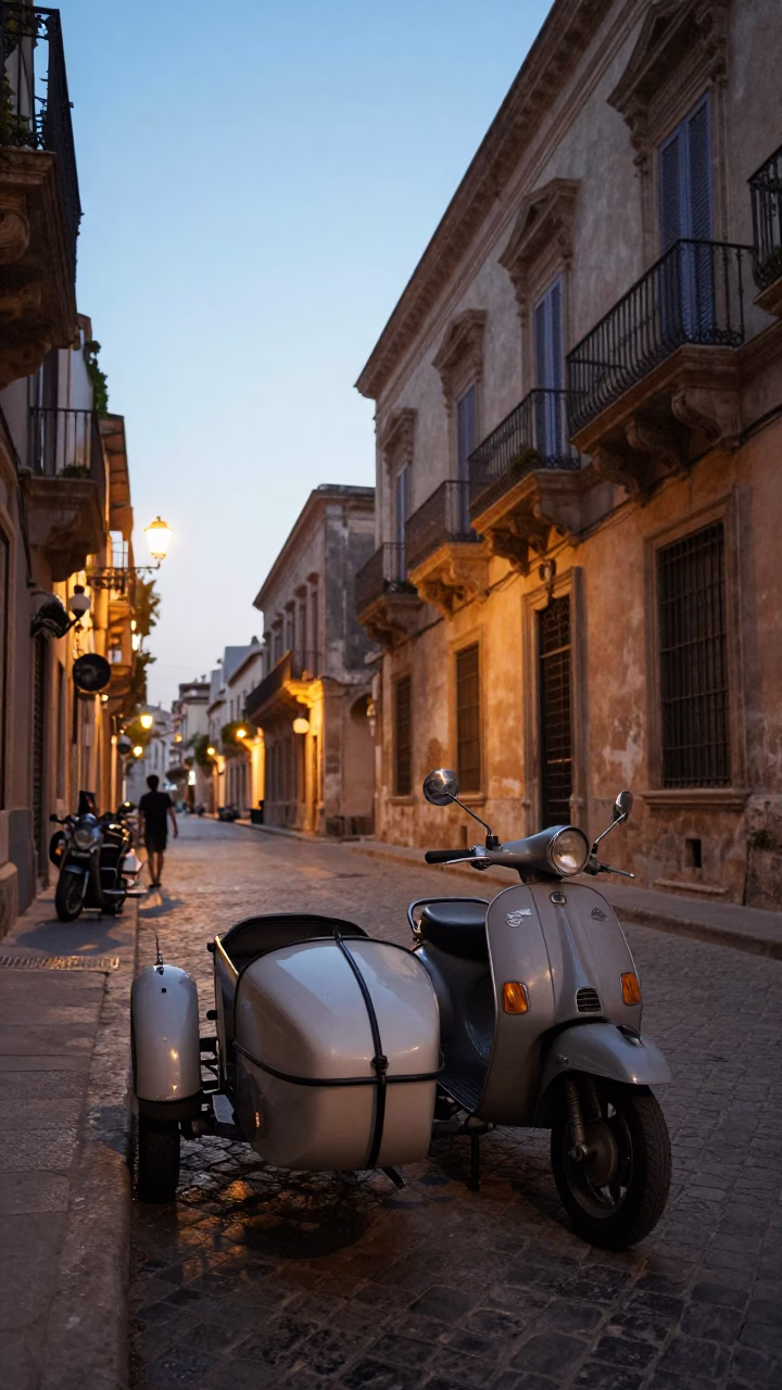 Evening Street Scene in Palermo Italy with Vintage Motorcycle and Local Interaction in in Palermo, Italy