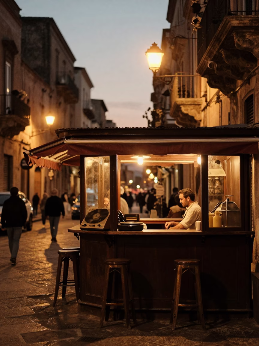 Evening Street Scene in Palermo Italy with Vintage Record Player and Scratched Countertop in in Palermo, Italy
