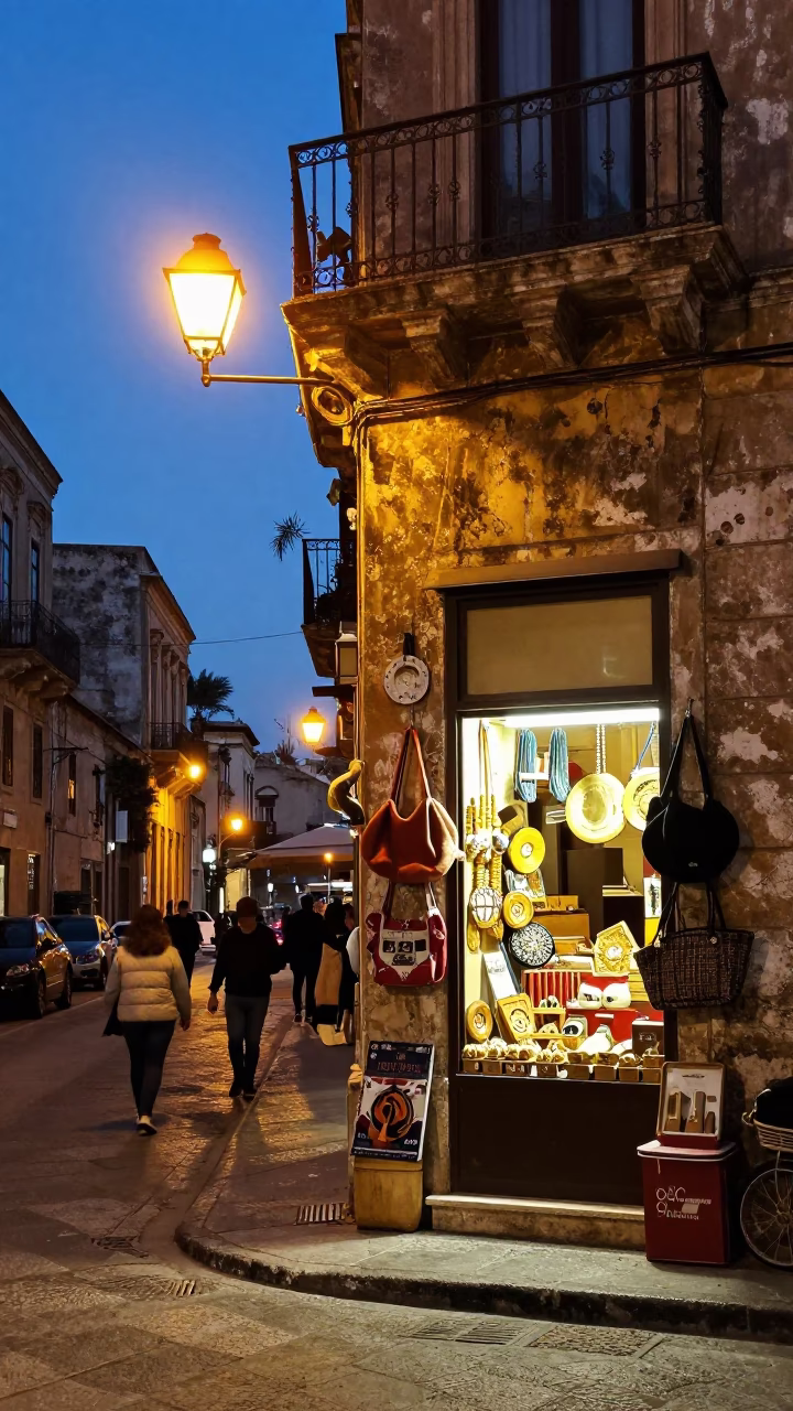 Evening Street Scene in Palermo Italy with Vintage Shop Display and Local Life in in Palermo, Italy