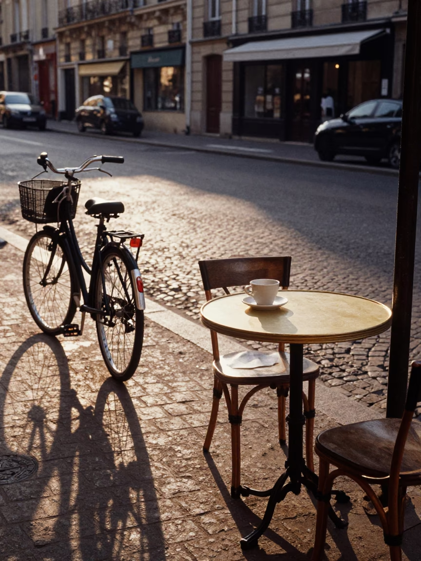 Evening Street Scene in Paris France with Bicycle and Café Table in in Paris, France