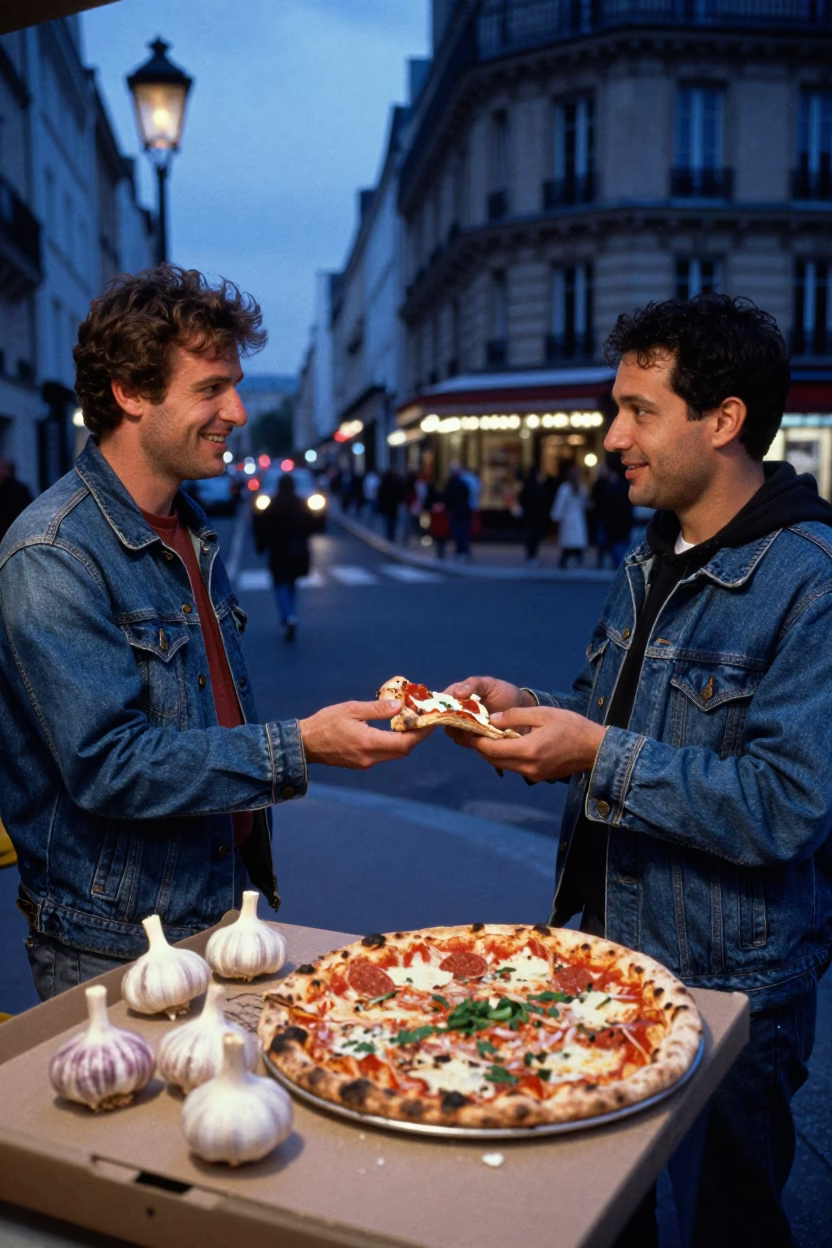 Evening Street Scene in Paris France with Garlic Bulbs and Pizza Oven in in Paris, France