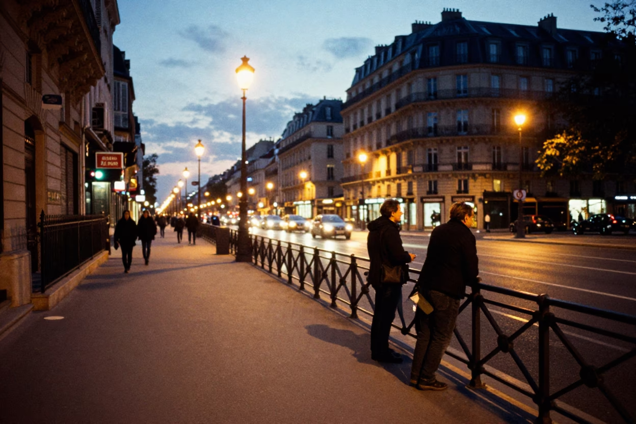 Evening street scene in Paris France with glowing city lights and local cafe ambiance in in Paris, France