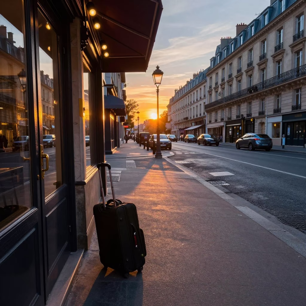Evening Street Scene in Paris France with Luggage and Urban Details in in Paris, France