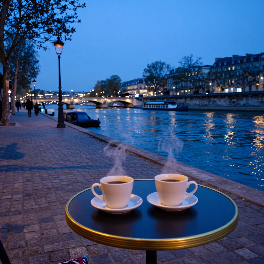 Evening Street Scene in Paris with Coffee Mugs and River Reflections in in Paris, France