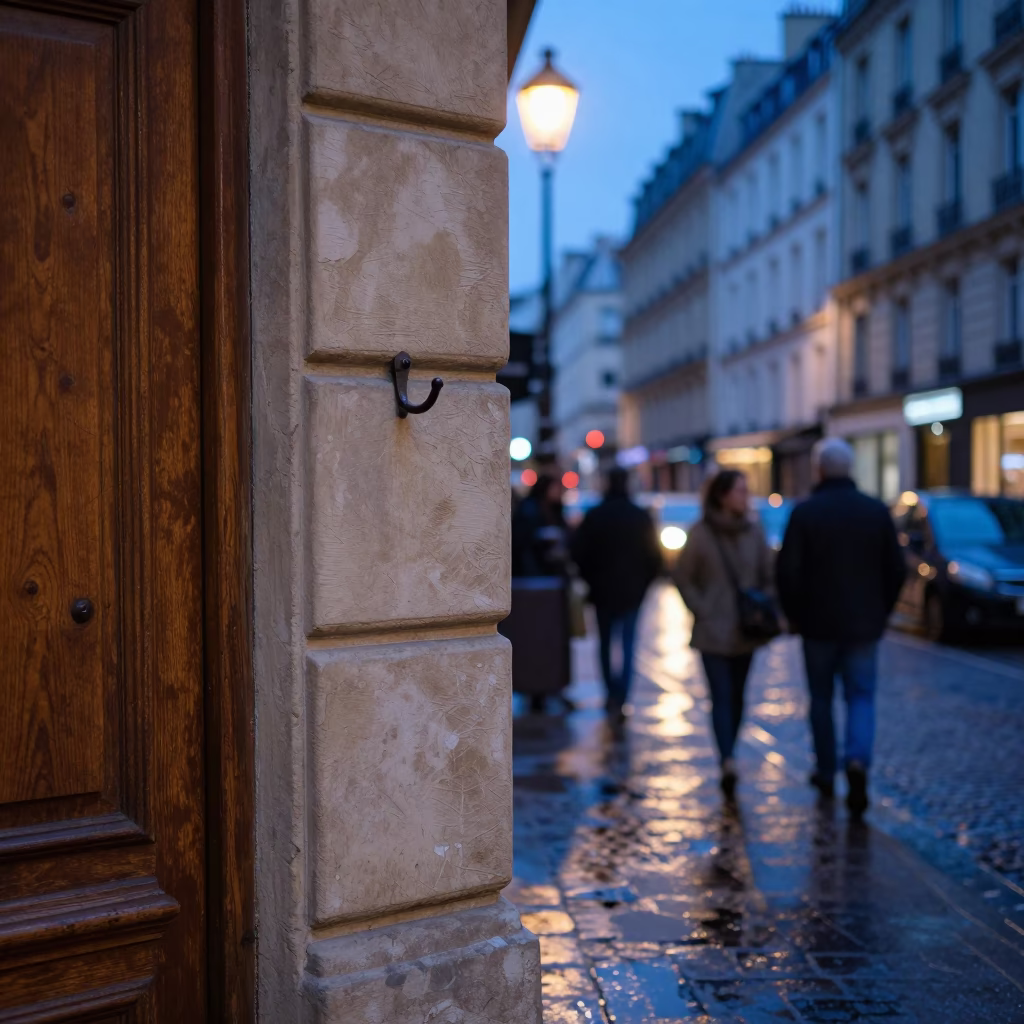 Evening Street Scene in Paris with Wall Hook and Door Handle in in Paris, France