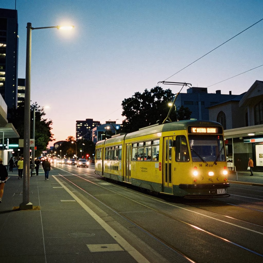 Evening Street Scene in Perth Western Australia with Tram and City Lights in in Perth, Western Australia, Australia