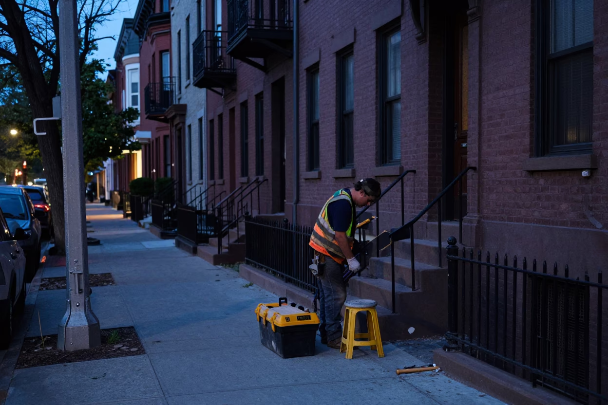 Evening Street Scene in Philadelphia Pennsylvania with Toolbox and Stool in in Philadelphia, Pennsylvania, United States