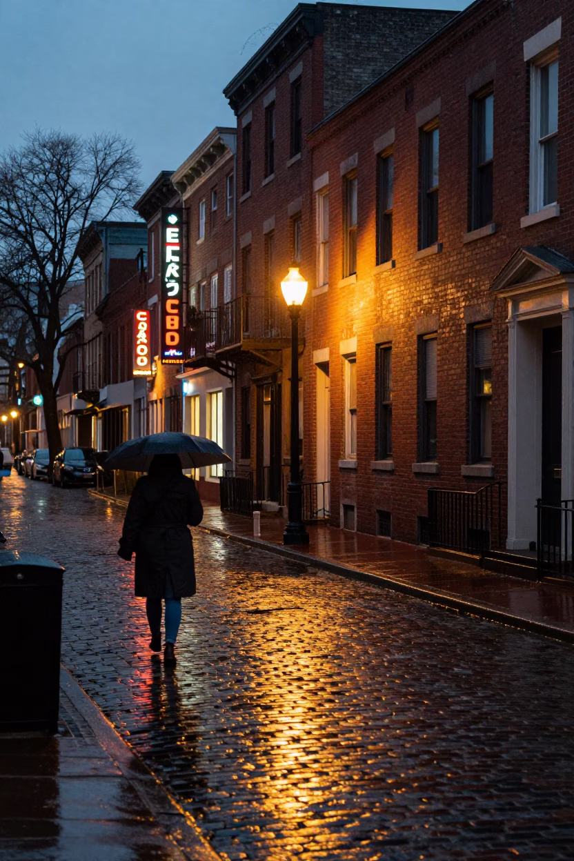 Evening Street Scene in Philadelphia Pennsylvania with Urban Light and Rain in in Philadelphia, Pennsylvania, United States