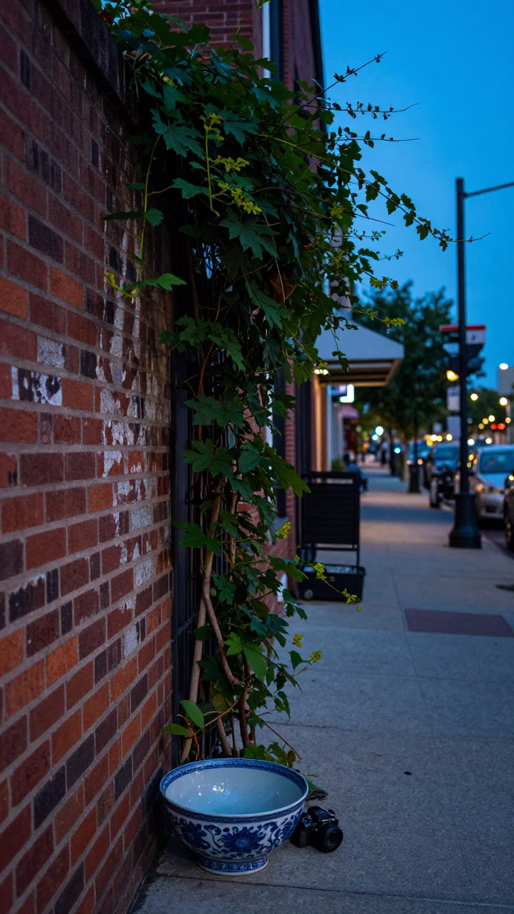 Evening Street Scene in Philadelphia Pennsylvania with Vine and Porcelain Bowl in in Philadelphia, Pennsylvania, United States