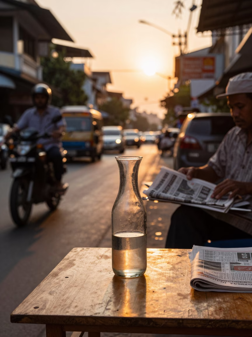 Evening Street Scene in Phnom Penh Cambodia with Glass Carafe and Newspaper Stack in in Phnom Penh, Cambodia