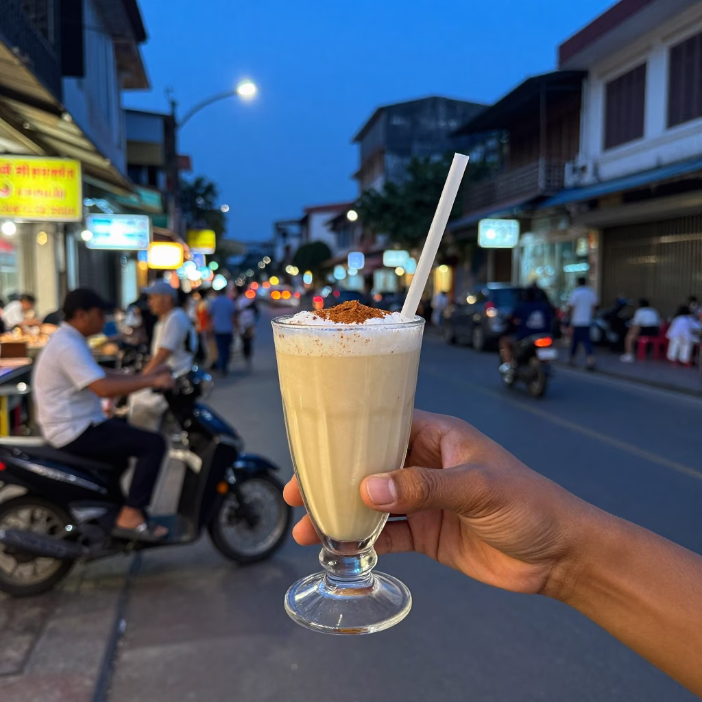 Evening Street Scene in Phnom Penh Cambodia with Glass of Horchata and Cinnamon in in Phnom Penh, Cambodia