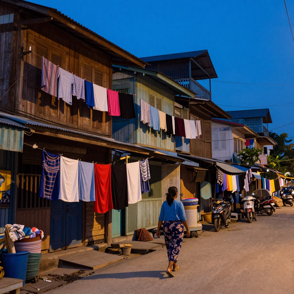 Evening Street Scene in Phnom Penh Cambodia with Laundry Hanging and Urban Details in in Phnom Penh, Cambodia