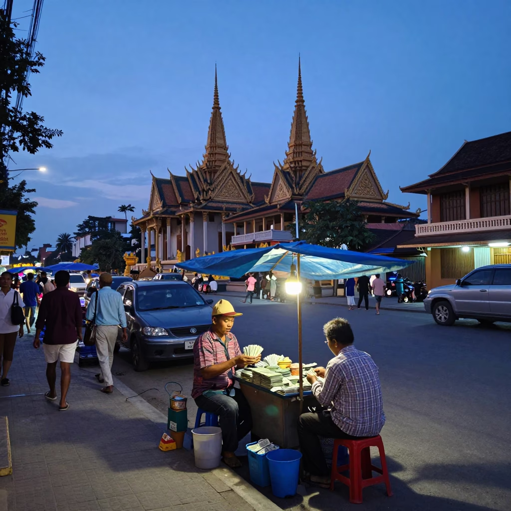 Evening Street Scene in Phnom Penh Cambodia with Local Vendor and Cash Box in in Phnom Penh, Cambodia