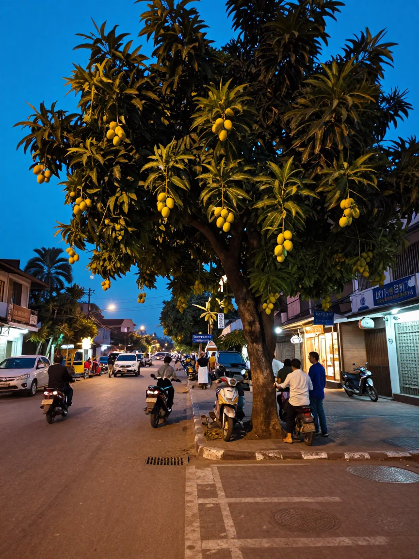 Evening Street Scene in Phnom Penh Cambodia with Mango Tree and Banh Cuon Vendor in in Phnom Penh, Cambodia