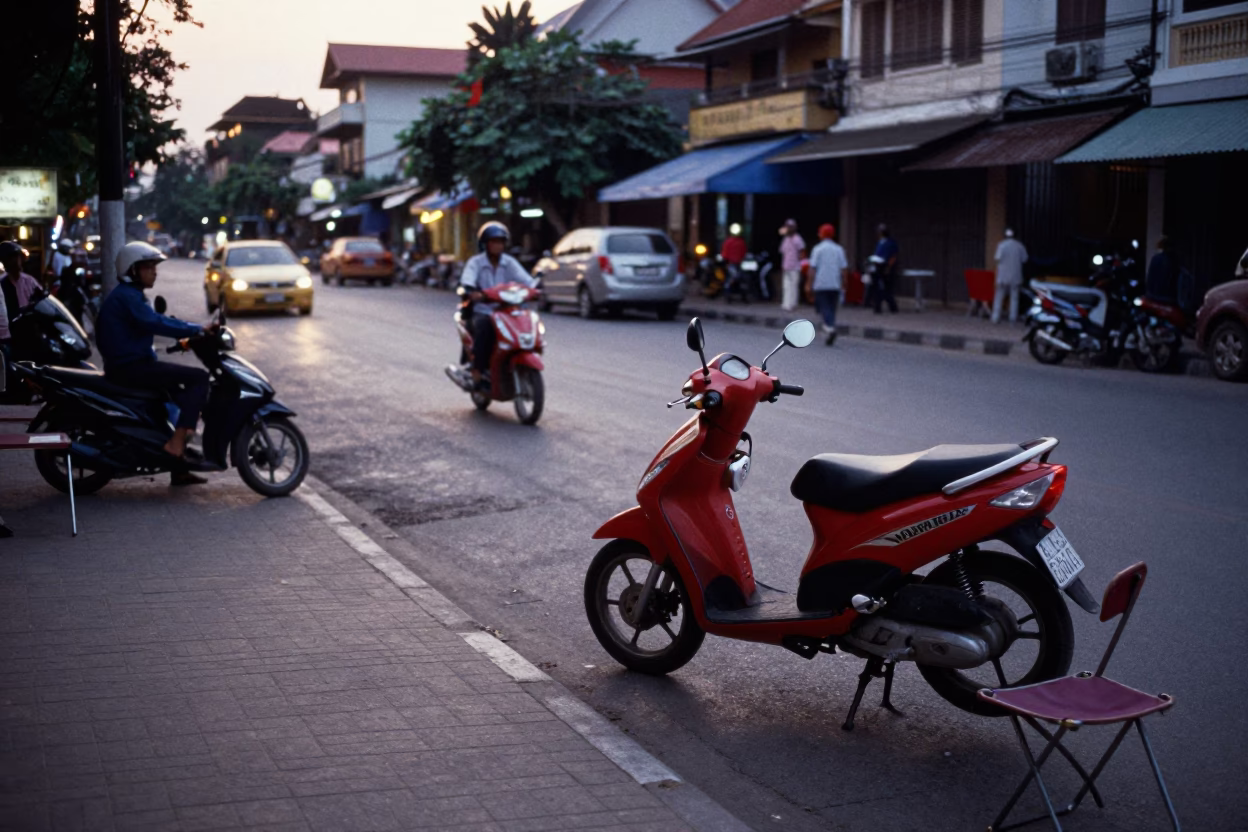 Evening Street Scene in Phnom Penh Cambodia with Scooter and Folding Chair in in Phnom Penh, Cambodia