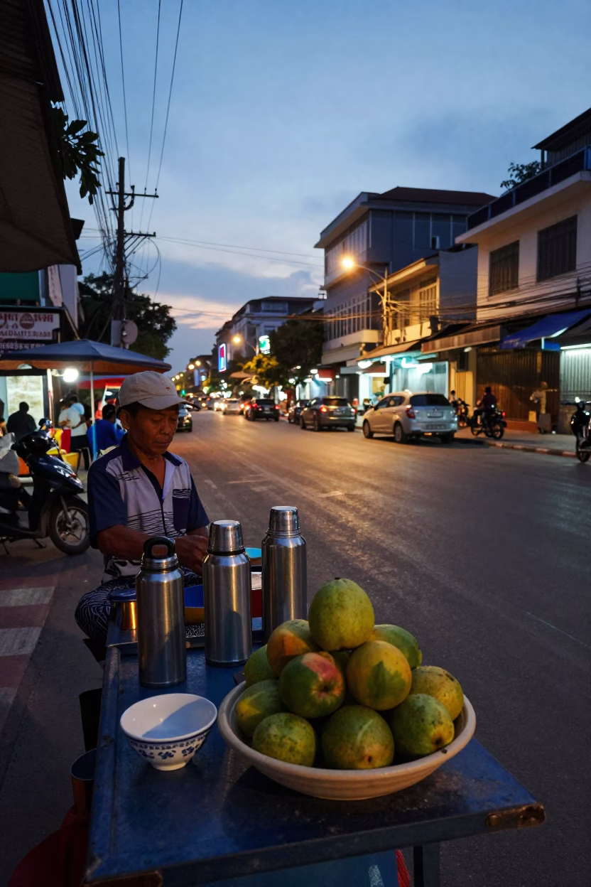 Evening Street Scene in Phnom Penh Cambodia with Thermos and Ceramic Bowl in in Phnom Penh, Cambodia