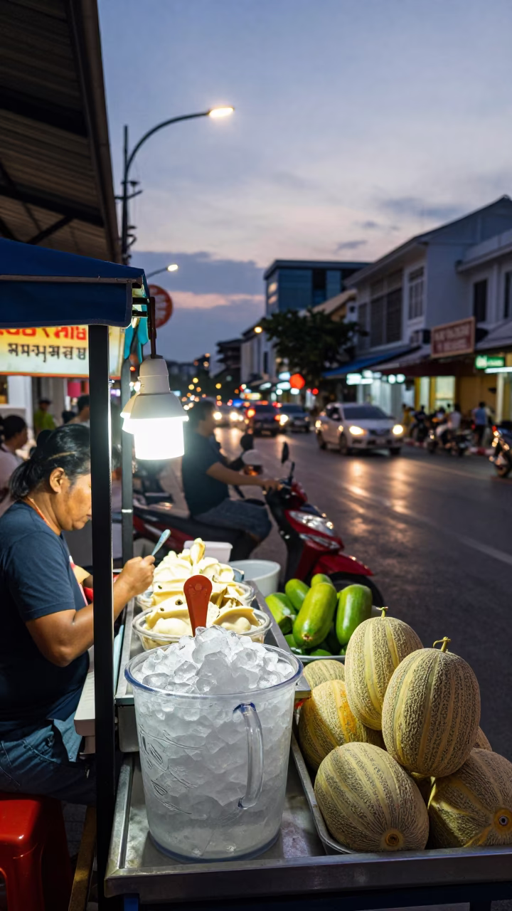 Evening Street Scene in Phuket Thailand with Gelato Display and Melons in in Phuket, Thailand