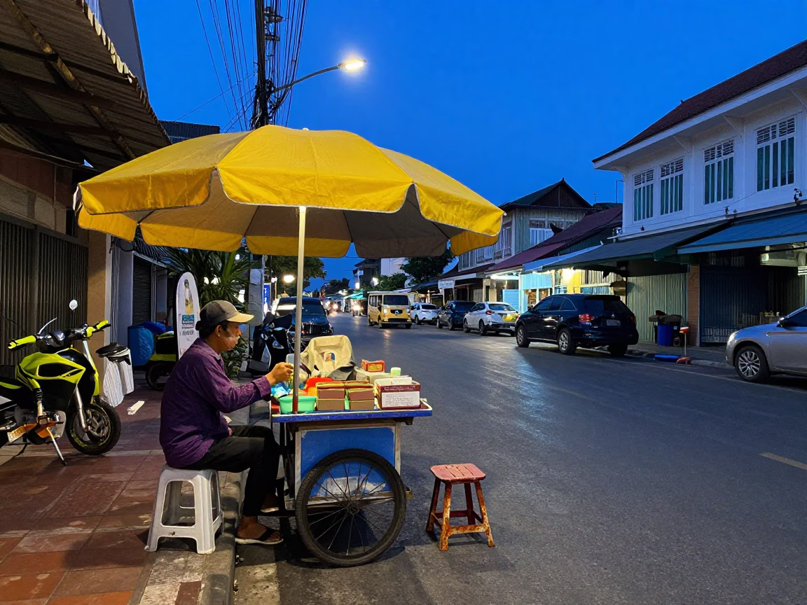 Evening Street Scene in Phuket Thailand with Local Vendor and Colorful Umbrellas in in Phuket, Thailand