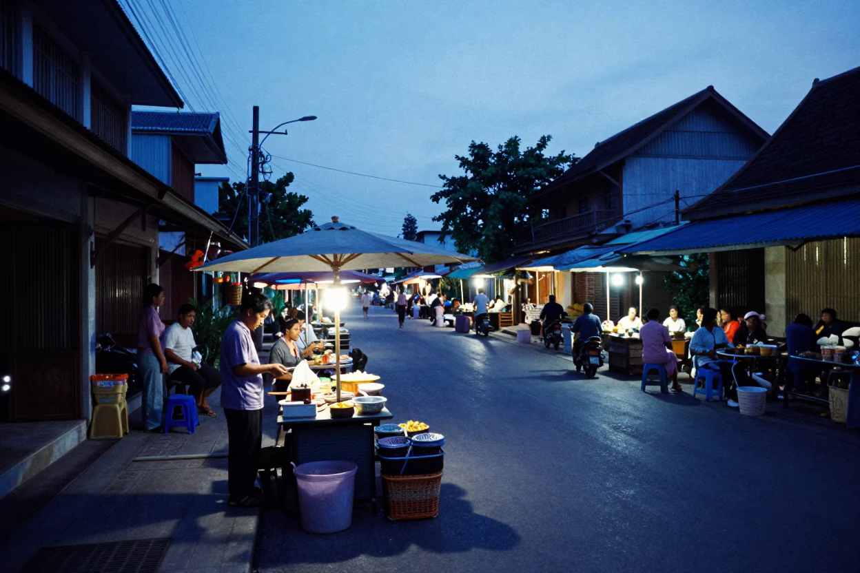 Evening street scene in Phuket Thailand with local vendors and traditional items in in Phuket, Thailand