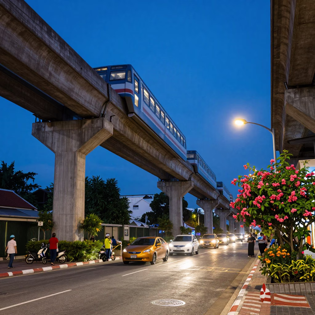 Evening Street Scene in Phuket Thailand with Monorail and Gardenia Bushes in in Phuket, Thailand