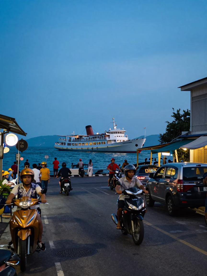 Evening Street Scene in Phuket Thailand with Steamship and Local Activity in in Phuket, Thailand
