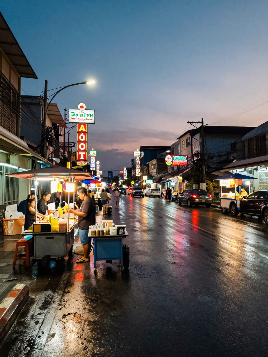 Evening Street Scene in Phuket Thailand with Street Food Vendor and Tea Tin in in Phuket, Thailand