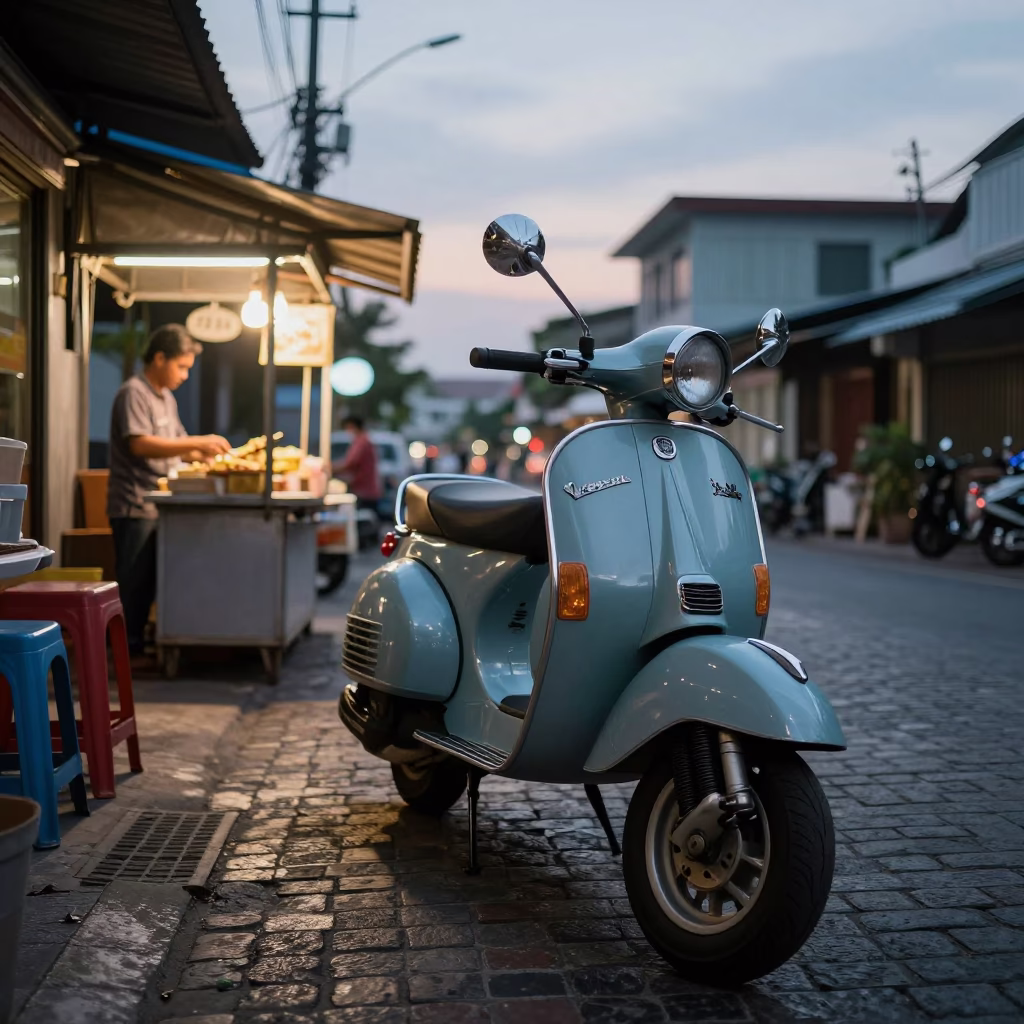 Evening Street Scene in Phuket Thailand with Vintage Vespa on Cobblestone Lane in in Phuket, Thailand