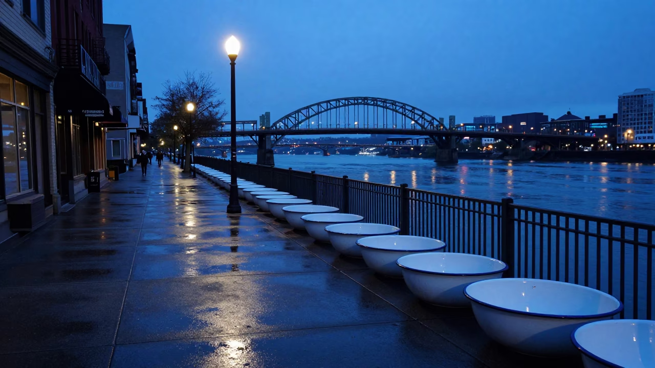 Evening Street Scene in Portland Oregon with Enamel Bowls and Urban Elements in in Portland, Oregon, United States