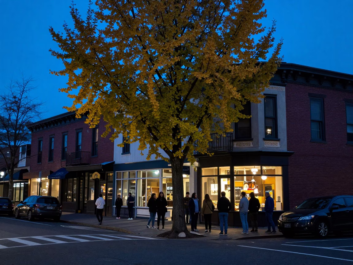 Evening Street Scene in Portland Oregon with Ginkgo Tree and Vintage Details in in Portland, Oregon, United States