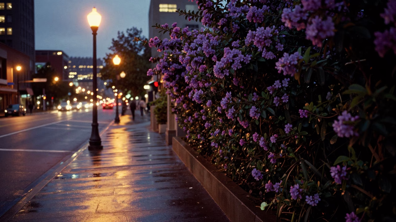 Evening street scene in Portland Oregon with glowing city lights and blue plumbago hedge in in Portland, Oregon, United States