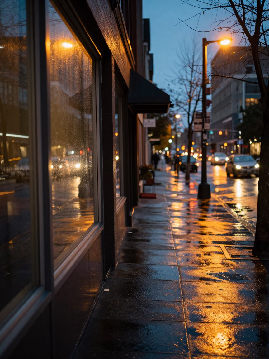 Evening Street Scene in Portland Oregon with Grease Sheen on Window and Boot Scraper in in Portland, Oregon, United States