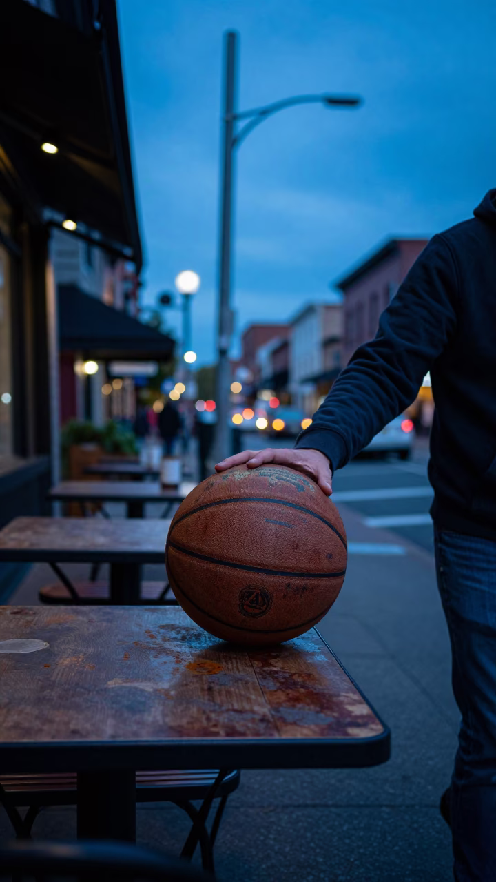 Evening Street Scene in Portland Oregon with Leather Basketball and Rusty Saucer in in Portland, Oregon, United States