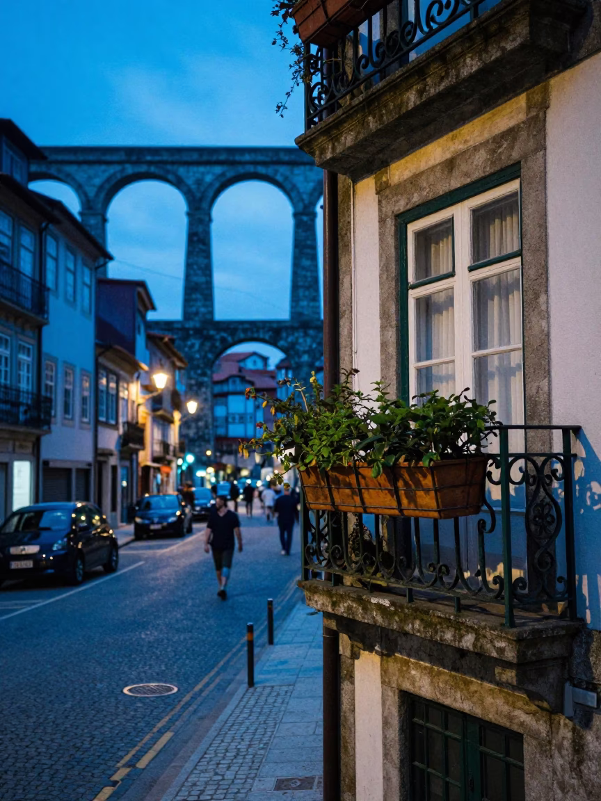 Evening street scene in Porto Portugal with aqueduct and window boxes in in Porto, Portugal