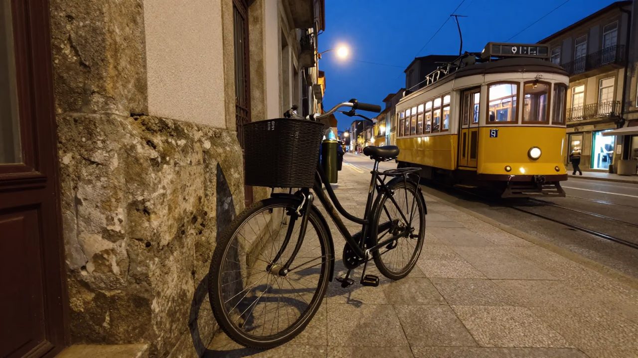 Evening Street Scene in Porto Portugal with Bicycle Basket and Thermos in in Porto, Portugal