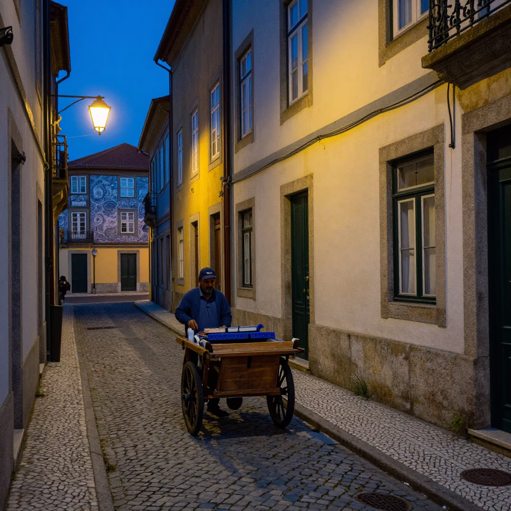 Evening street scene in Porto Portugal with blue and white porcelain and wicker basket in in Porto, Portugal