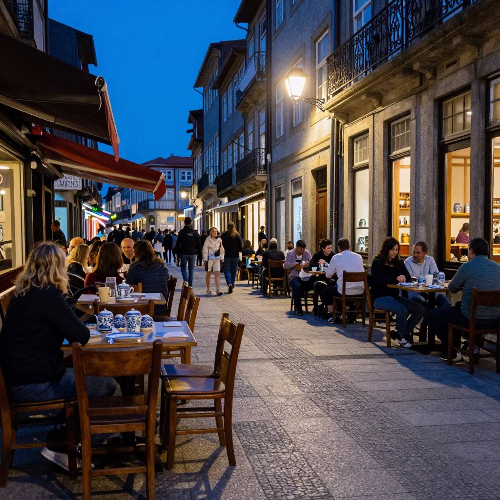 Evening Street Scene in Porto Portugal with Blue and White Porcelain Jar on Table in in Porto, Portugal