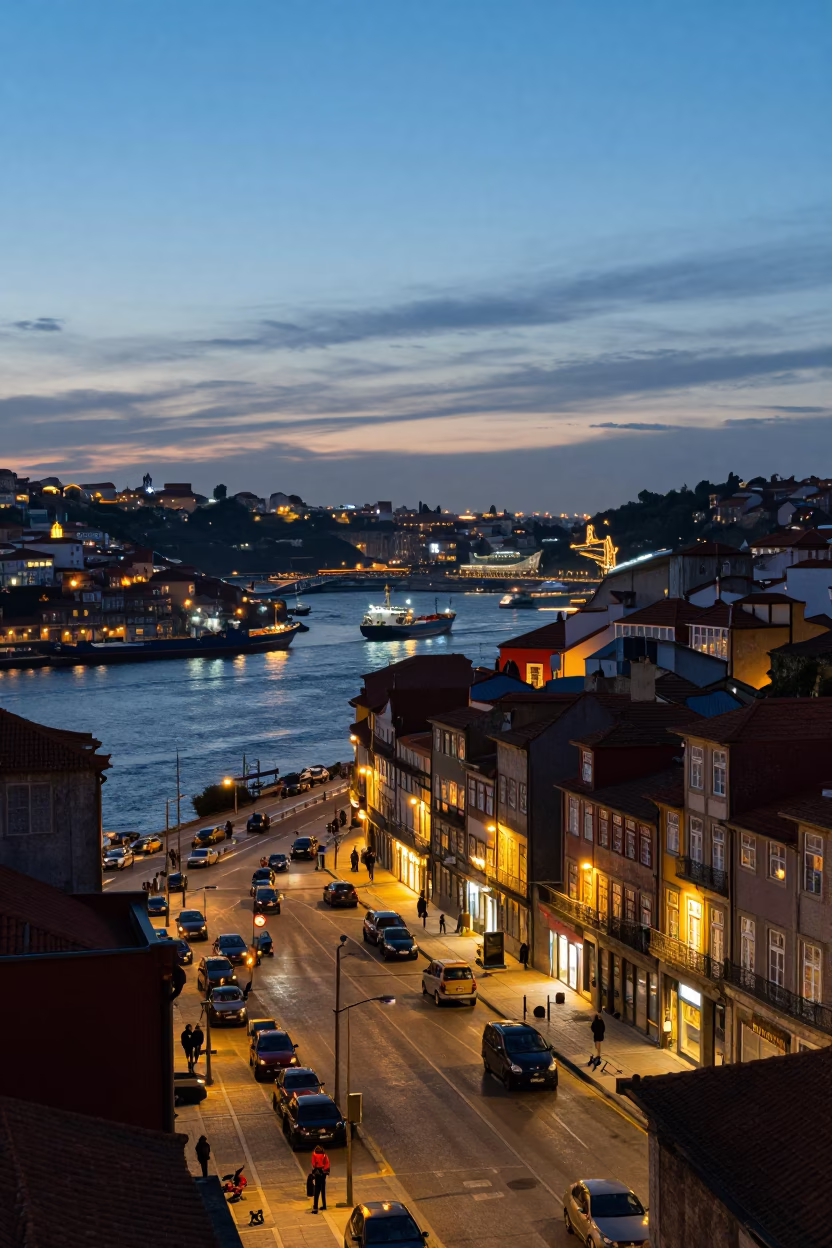 Evening Street Scene in Porto Portugal with Cargo Ship and City Lights in in Porto, Portugal