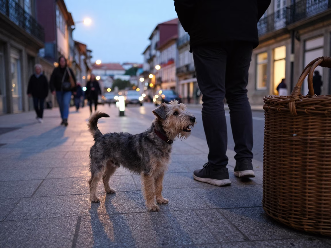 Evening Street Scene in Porto Portugal with Cesky Terrier and Wicker Stool Shadow in in Porto, Portugal