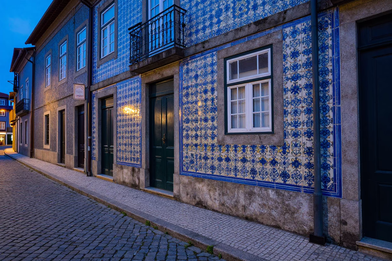 Evening street scene in Porto Portugal with colorful azulejo tiles and busy pedestrian activity in in Porto, Portugal