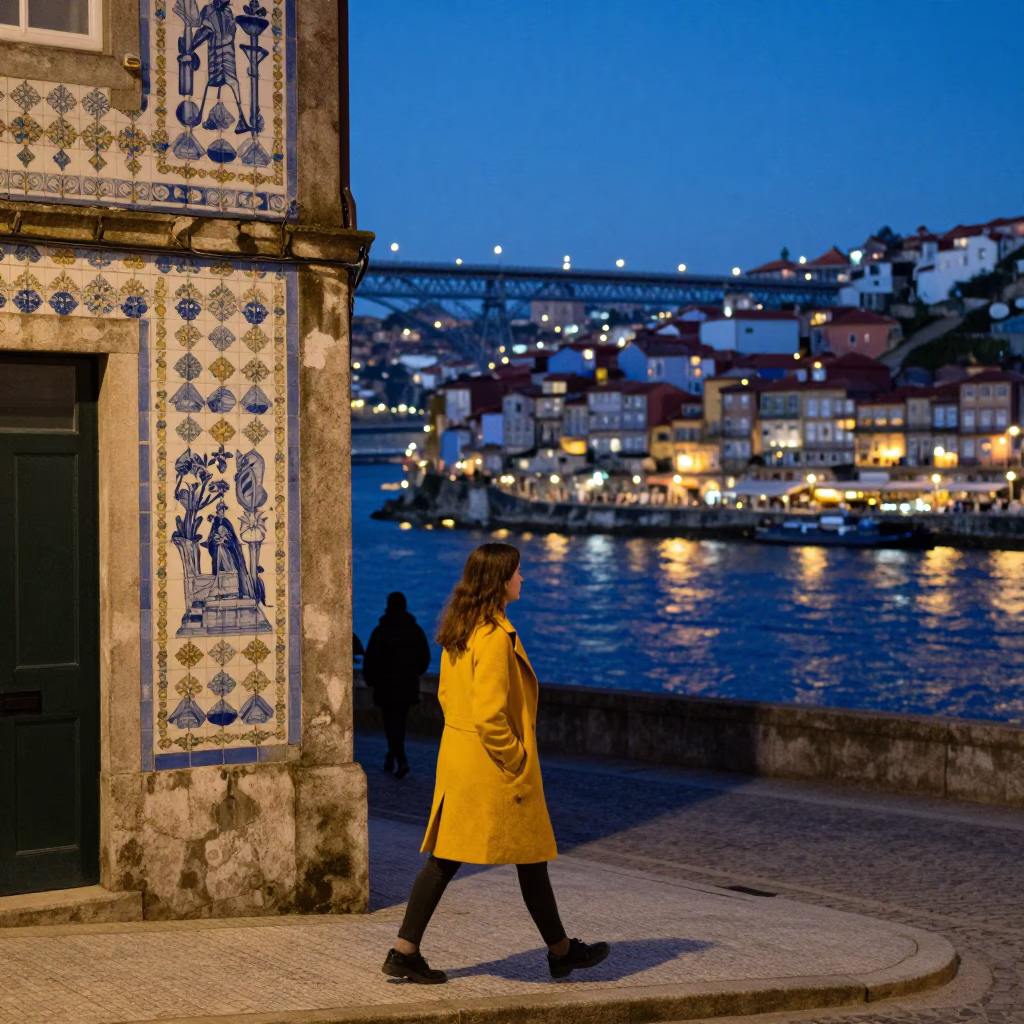 Evening Street Scene in Porto Portugal with Colorful Tiles and Urban Life in in Porto, Portugal